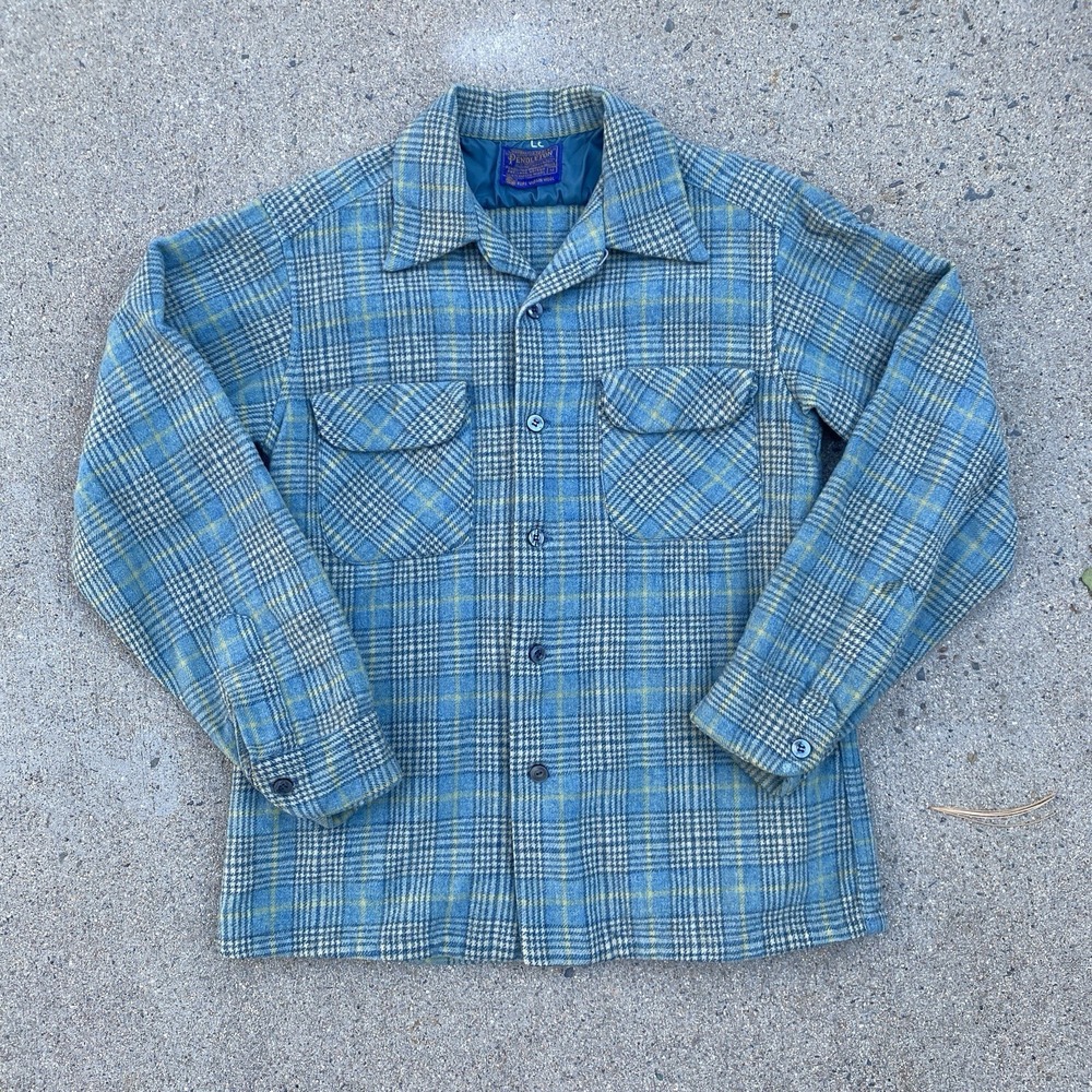 Vintage 40s 50s  Blue Pendleton Shirt Plaid Wool Loop Collar Flap Pocket S/M